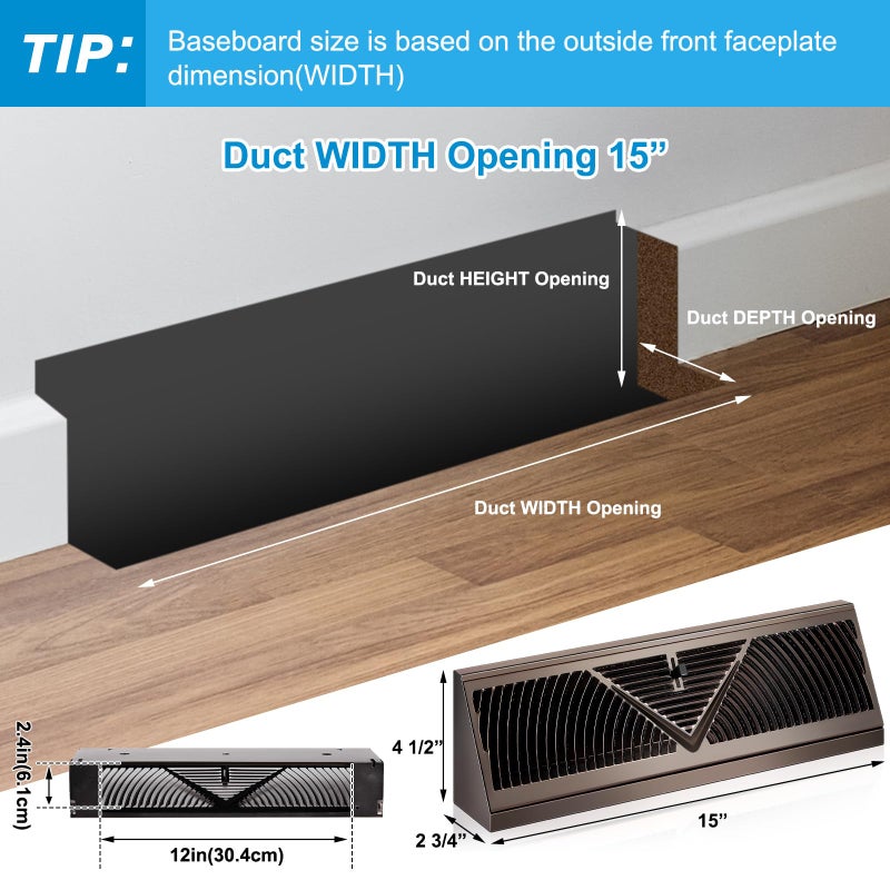 Yaocom 4 Pack 15 Inch Baseboard Register Duct Opening Size Vent Covers for Home Floor Wall Baseboard Air Vent Covers Supply Floor Baseboard Diffuser, Oil Rubbed Bronze - Image 2